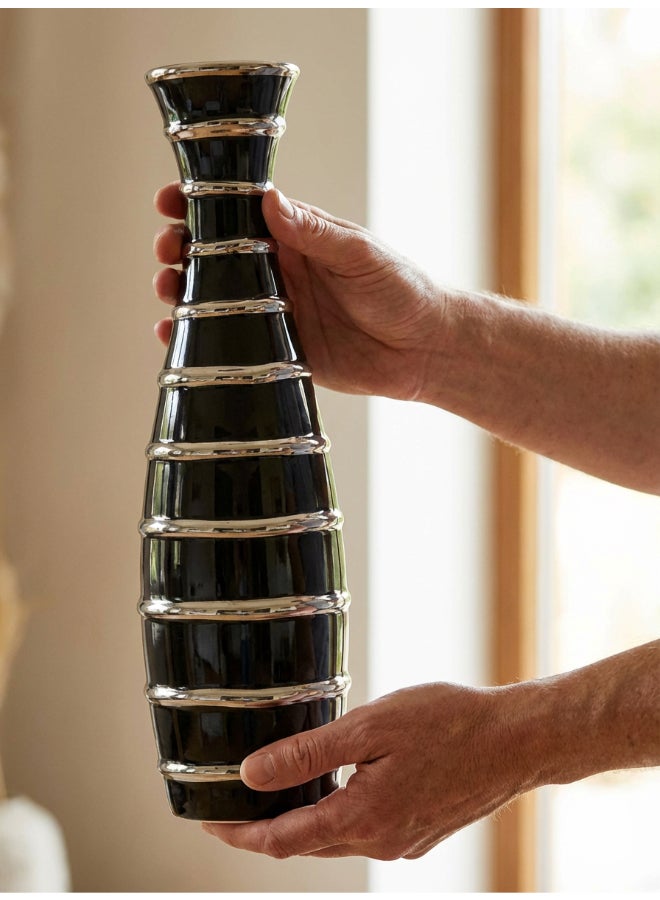 ايست من نون Ceramic Vase for Floral Decorative arrangement, Ht-44 cm | Black Silver Color | Ribbed Rays Design | Size -10.5x10.5x44 cm | Perfect for decorativing your living room, Ideal for decorating coffee table, dinning table, console table or any office or living space - Image 4